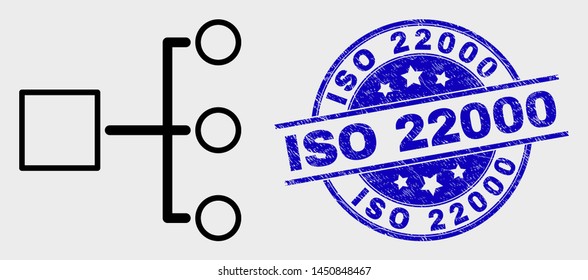 Vector contour hierarchy icon and ISO 22000 seal. Blue round scratched seal stamp with ISO 22000 text. Black isolated hierarchy icon in outline style.