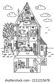 Vector contour of the house with many details. Coloring book for children and adults: cutaway house. Tree house. Find the cat in the picture 
