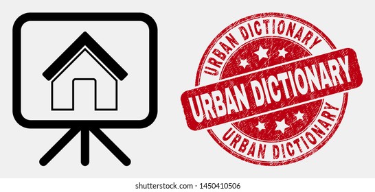 Vector contour house project board pictogram and Urban Dictionary seal stamp. Blue rounded grunge seal stamp with Urban Dictionary text. Black isolated house project board pictogram in line style.