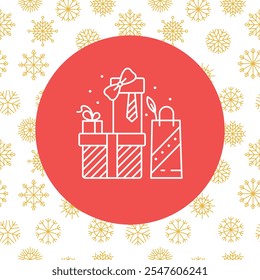Vector contour icon of red gift, present on round red background. Geometric gold snowflakes pattern, seamless. Christmas symbol, Happy New Year sign, Birthday card design.