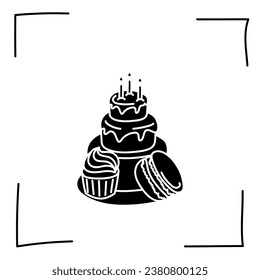 Vektorgrafik. Contour-Symbole. Liniensymbole von Desserts und Süßspeisen. Süßigkeiten, Schokolade, Kuchen, Donuts, Eis im Skizzenstil. Symbole gesetzt, Strich. Handgezeichnete Schilder. Desserts und Süßigkeiten doodle Set.