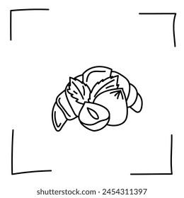 Vektorgrafik. Kontursymbole. Line Icons von Desserts und süße Gerichte. Croissant mit nussiger und schokoladiger Füllung im Skizzenstil. Symbole gesetzt, Kontur. Handgezeichnete Schilder. Desserts und Süßigkeiten Doodle-Set.