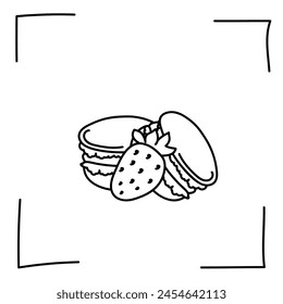 Vector. Contour icons. Line icons of desserts and sweet dishes. Macarons with fruit, nut and chocolate filling in sketch style. Icons set,  stroke. Hand signs. Set of doodle desserts and sweets.