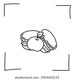 Vector. Contour icons. Line icons of desserts and sweet dishes. Macarons with fruit, nut and chocolate filling in sketch style. Icons set,  stroke. Hand signs. Set of doodle desserts and sweets.