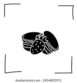 Vector. Contour icons. Line icons of desserts and sweet dishes. Macarons with fruit, nut and chocolate filling in sketch style. Icons set,  stroke. Hand signs. Set of doodle desserts and sweets.