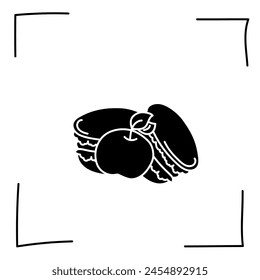 Vector. Iconos de contorno. Iconos de línea de postres y platos dulces. Macarones con relleno de frutas, nueces y chocolate en estilo boceto. Conjunto de iconos, trazo. Señales con la mano. Conjunto de postres y dulces de garabatos.