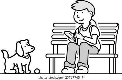 Vector contour illustration of a boy sitting with a smartphone on a bench next to his dog, who wants to play with a ball.