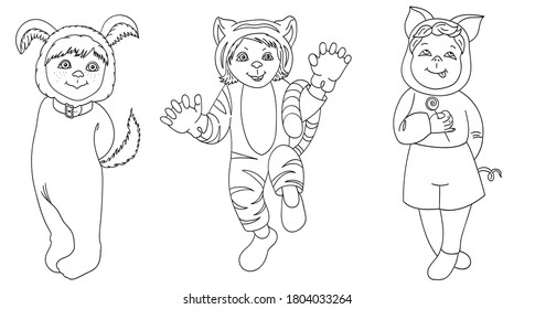 Vector contour illustration: children in Christmas costumes. Zodiac signs: pig, tiger, dog. Coloring book.