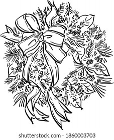 Vector contour illustration with Christmas wreath decoration