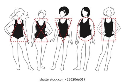 Vector contour illustration collection of body positive female characters