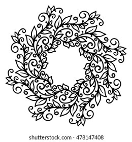 vector, contour illustration, coloring book, frame, wreath of branches, interlacing, leaves, summer, forest, nature, tree, black and white illustration, abstraction, design element