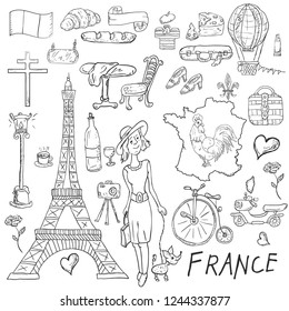 vector contour illustration, coloring, on the theme of a trip to the country of Europe, France, symbols and attractions, a set of drawings, print design and web design, Doodle style