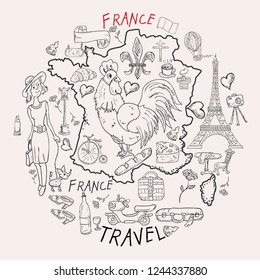 vector contour illustration, coloring, on the theme of a trip to the country of Europe, France, symbols and attractions, a set of drawings, print design and web design, Doodle style
