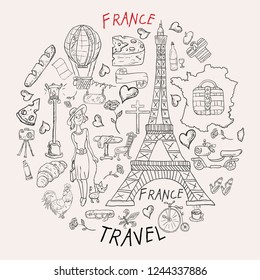vector contour illustration, coloring, on the theme of a trip to the country of Europe, France, symbols and attractions, a set of drawings, print design and web design, Doodle style