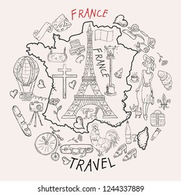 
vector contour illustration, coloring, on the theme of a trip to the country of Europe, France, symbols and attractions, a set of drawings, print design and web design, Doodle style