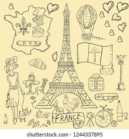 vector contour illustration, coloring, on the theme of a trip to the country of Europe, France, symbols and attractions, a set of drawings, print design and web design, Doodle style