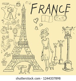 vector contour illustration, coloring, on the theme of a trip to the country of Europe, France, symbols and attractions, a set of drawings, print design and web design, Doodle style