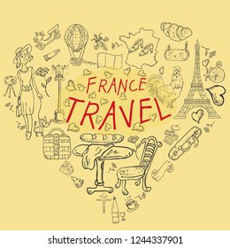 vector contour illustration, coloring, on the theme of a trip to the country of Europe, France, symbols and attractions, a set of drawings, print design and web design, Doodle style