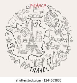 vector contour illustration, coloring, on the theme of a trip to the country of Europe, France, symbols and attractions, a set of drawings, print design and web design, Doodle style