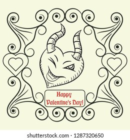 vector contour illustration coloring on the theme of Valentines day, heart with devil horns winking with the eye, ready for the layout design, postcards, stickers and printed materials