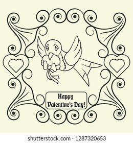 vector contour illustration coloring on the theme of Valentines day, the bird carries in its beak a postal envelope, ready layout for design, postcards stickers and printed products
