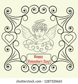 vector contour illustration coloring on Valentines day theme, Cupid with wings on the cloud, ready layout for design, postcards stickers and printed products