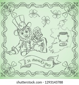 vector contour illustration coloring on the theme of St. Patricks day celebration, leprechaun dwarf sitting with a glass of beer