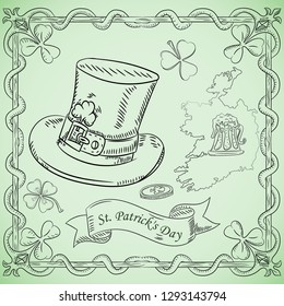 vector contour illustration coloring on the theme of St. Patricks day celebration, hat cylinder with clover
