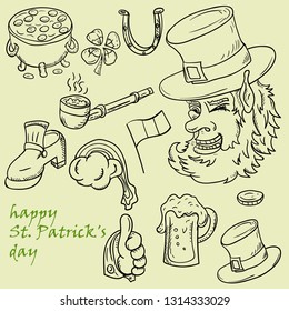 vector contour illustration coloring on the theme of St. Patricks day celebration, set of elements for design and decoration