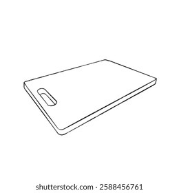 Vector contour illustration of a cutting board with a handle. Suitable for menu design, packaging, culinary blogs, infographics, educational materials.