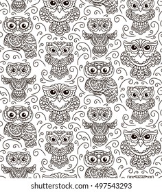 vector, contour, illustration, decor element, owl, set, swirls, doodle style, adult coloring, seamless pattern