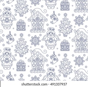 vector, contour, illustration, design element, seamless pattern, New Year, Christmas, Christmas tree, gift, star, house, angel, heart, adult coloring book, doodle style