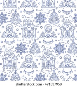 vector, contour, illustration, design element, seamless pattern, New Year, Christmas, Christmas tree, gift, star, house, angel, heart