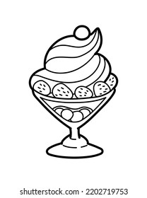 Vector contour illustration of a dessert in a glass vase. Coloring book with delicious ice cream.