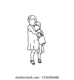 Ilustración del contorno del vector niños sin rostro. Esbozo de líneas finas en blanco y negro.