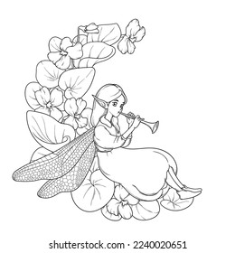 Vector contour illustration and fairy sitting violets isolated white  Sketch an elf girl in flowers for coloring book 