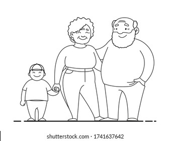 Vector contour illustration of a family, grandmother, grandfather and grandson. Happy overweight family. Fat old people, fat baby. Bald grandfather with a beard. For coloring book.