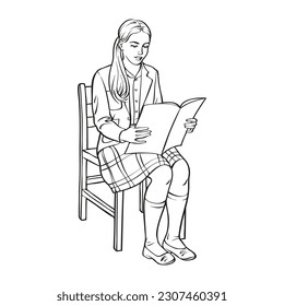 Vector contour illustration of a female student sitting on a chair and reading a book. Outline picture for coloring. Illustration for creative development.