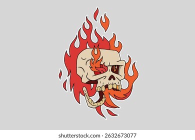 Vector contour illustration of a flaming skull in front and perspective views. A high-quality, bold 2D design suitable for t-shirt prints, posters, postcards, and more.