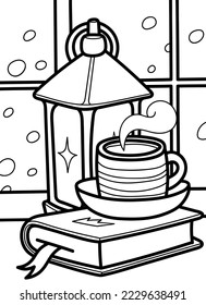 Vector contour illustration with a hot drink, a book and a lantern on the windowsill. Coloring page with a still life conveying a cozy winter atmosphere.