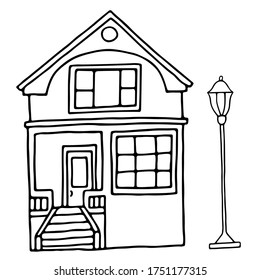Ilustración del contorno vectorial con la imagen de la casa. Dibujado a mano en forma de doodle. Compra, venta y alquiler de inmuebles. Diseño para postales, carteles, telas