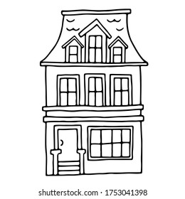 Vector contour illustration with the image of the house. Drawn by hand in doodle style. Purchase, sale and rental of real estate. Design for postcards, posters, fabrics