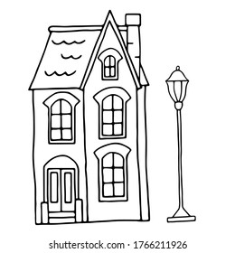 Vector contour illustration with the image of the house. Drawn by hand in doodle style. Purchase, sale and rental of real estate. Design for postcards, posters, fabrics