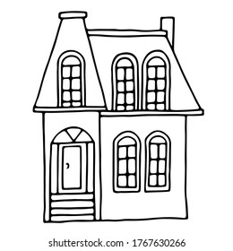 Vector contour illustration with the image of the house. Drawn by hand in doodle style. Purchase, sale and rental of real estate. Design for postcards, posters, fabrics