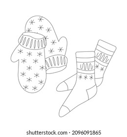 Vector contour illustration of mittens and sock. Christmas attributes, cozy clothes. Suitable for festive typography, clothing catalogs, children's coloring pages and books. 