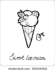 Vector contour illustration. Muffin or ice cream with decorations. Ice cream balls with cherries and decorations. Suitable for postcards, business cards, , holidays, restaurants and tattoos.