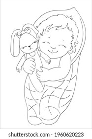  Vector contour illustration - a newborn sleeping baby wrapped in a blanket, a cartoon baby boy or girl with a favorite toy cute bunny. Baby, from 1 to 6 months, the baby sleeps.