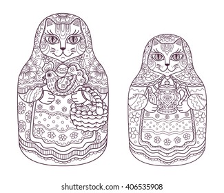 vector, contour illustration, painting, set of matryoshka doll, traditional toy, a cat in a sundress, basket, apples, tea, flowers, decorative, doodle, hand drawing, abstraction, art, design element
