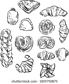 Vector contour illustration with pastries, croissants, buns