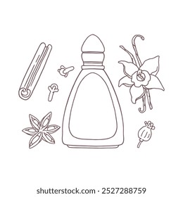 Vector contour illustration with a perfume icon surrounded by spices: cardamom, cinnamon, cloves and vanilla. The spicy aroma will give a unique relaxing atmosphere